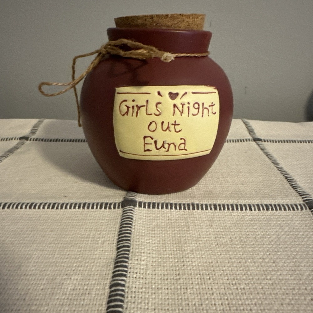 Whimsical Pottery Jar, "Girls Night Out Fund"  Cork Top, Jute Tie‎ Rustic